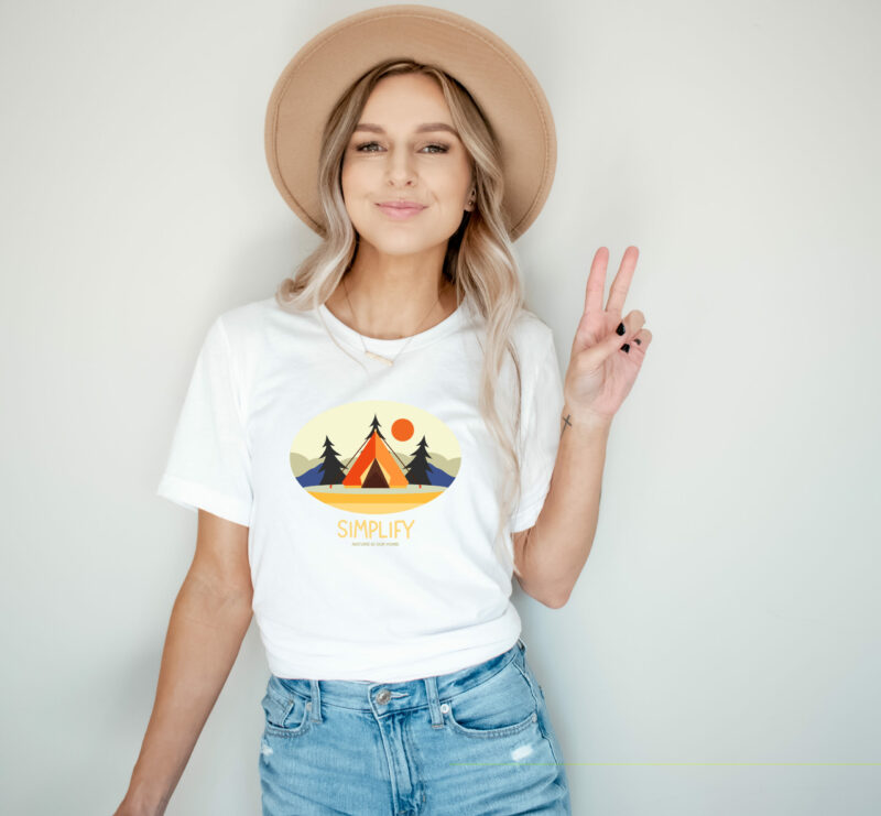 Simplify Unisex Tee with Tent, Mountains, Sun, and Trees