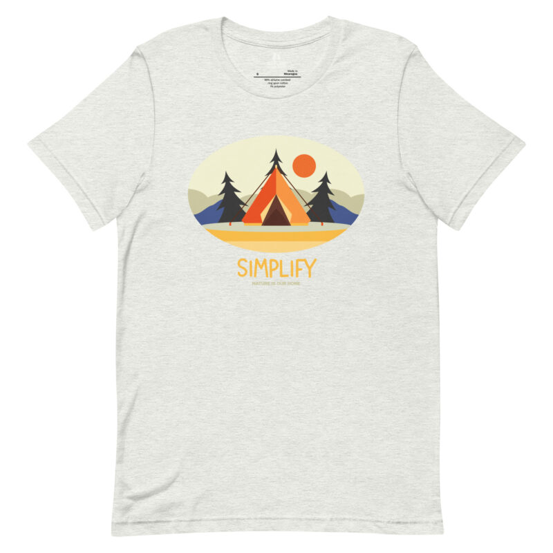 Simplify Unisex Tee with Tent, Mountains, Sun, and Trees