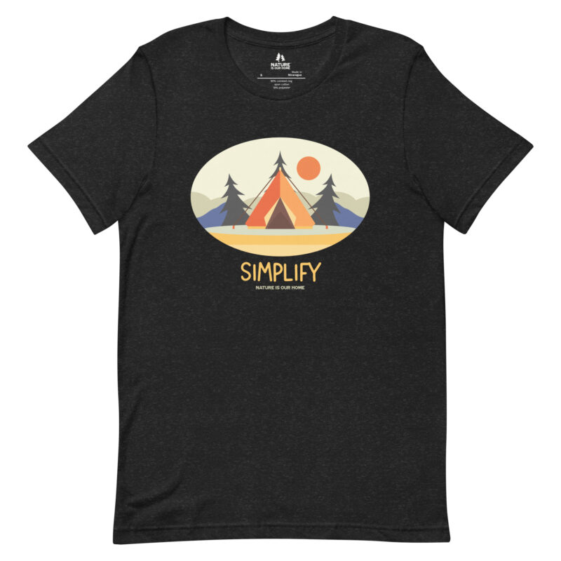 Simplify Unisex Tee with Tent, Mountains, Sun, and Trees