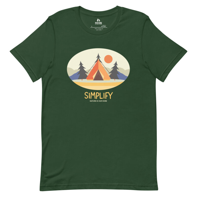 Simplify Unisex Tee with Tent, Mountains, Sun, and Trees