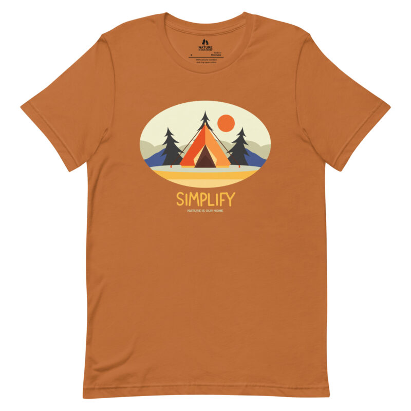 Simplify Unisex Tee with Tent, Mountains, Sun, and Trees