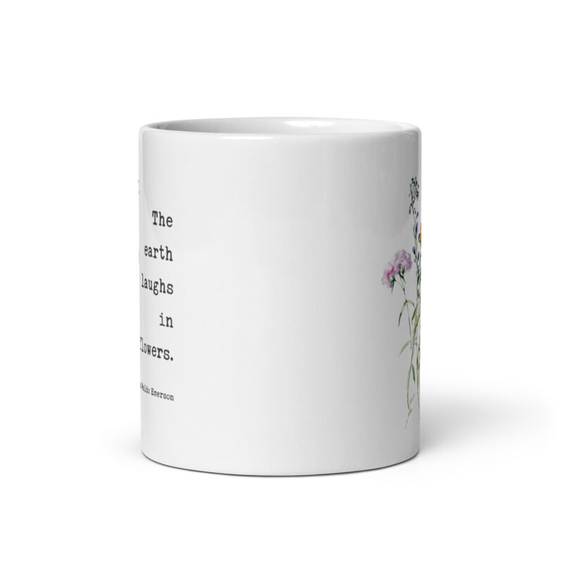 Ralph Waldo Emerson Quote – The Earth Laughs In Flowers Coffee Tea Mug featuring a bouquet of wildflowers.