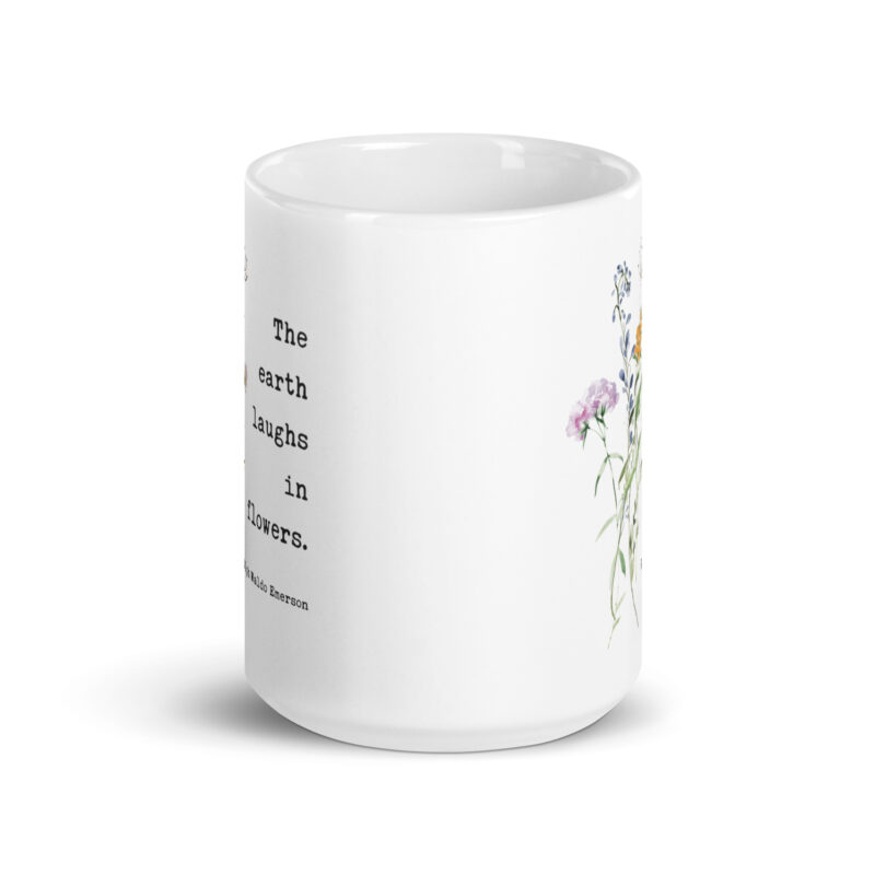 Ralph Waldo Emerson Quote – The Earth Laughs In Flowers Coffee Tea Mug featuring a bouquet of wildflowers.