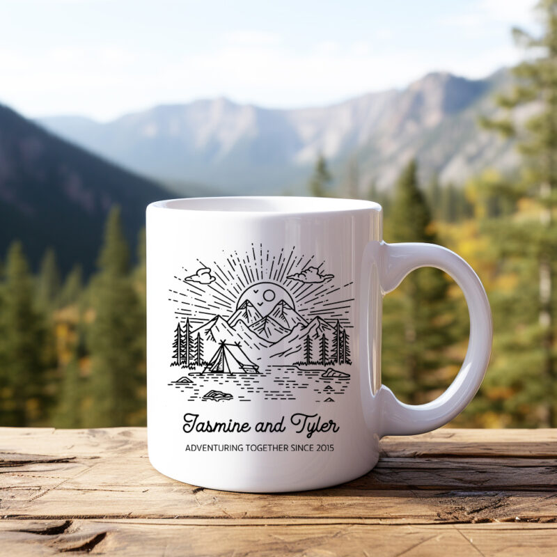 Personalized Coffee Mug "Adventuring Together Since" with Mountains and Camping Scene