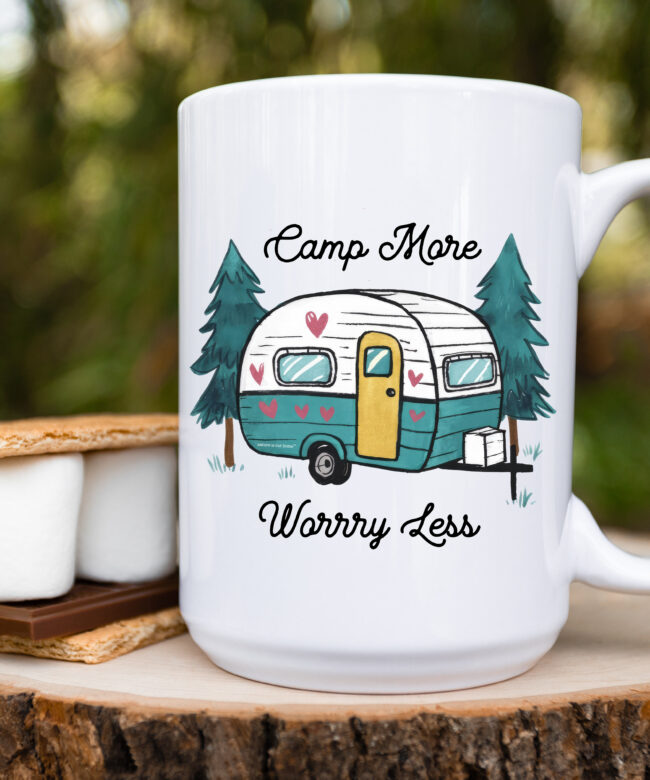 Camp More Worry Less with Vintage RV Camper Coffee Mug