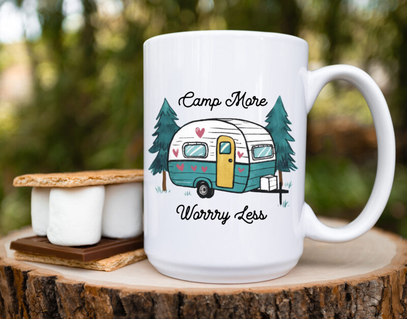 Camp More Worry Less with Vintage RV Camper Coffee Mug