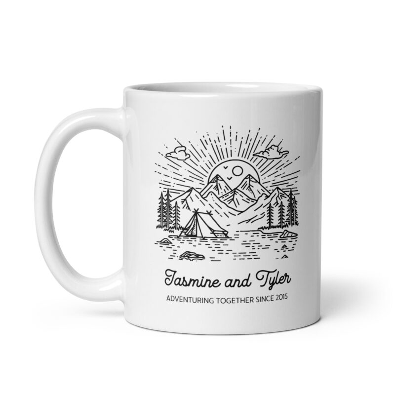 Personalized Coffee Mug "Adventuring Together Since" with Mountains and Camping Scene