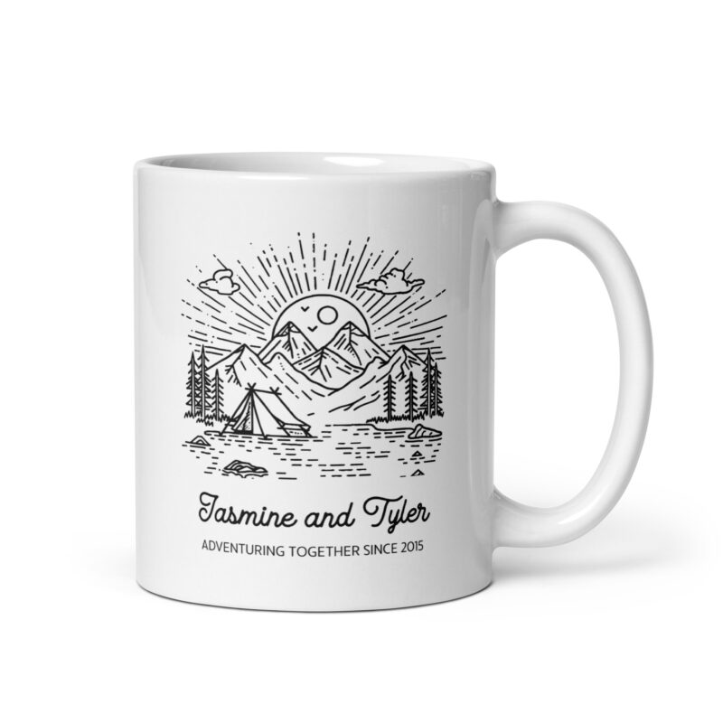 Personalized Coffee Mug "Adventuring Together Since" with Mountains and Camping Scene