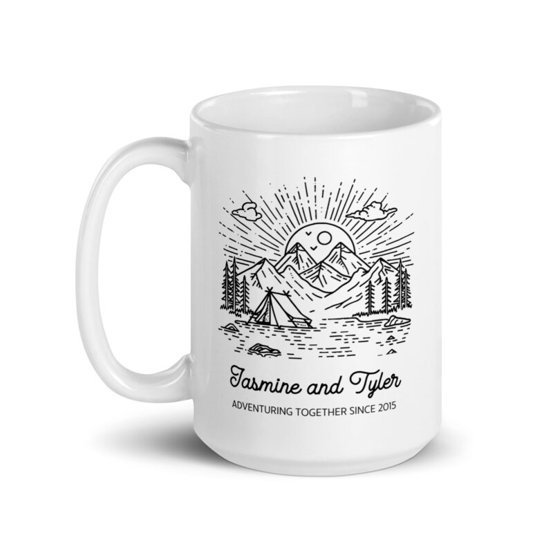 Personalized Coffee Mug "Adventuring Together Since" with Mountains and Camping Scene