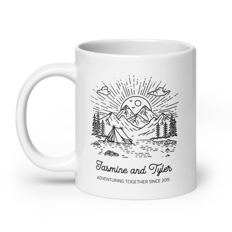 Personalized Coffee Mug "Adventuring Together Since" with Mountains and Camping Scene