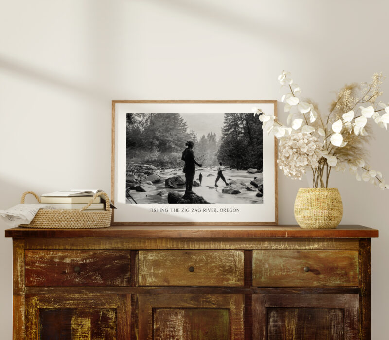 Fishing the Zig Zag River, Oregon Vintage Photo • USFS • Typography Art Print