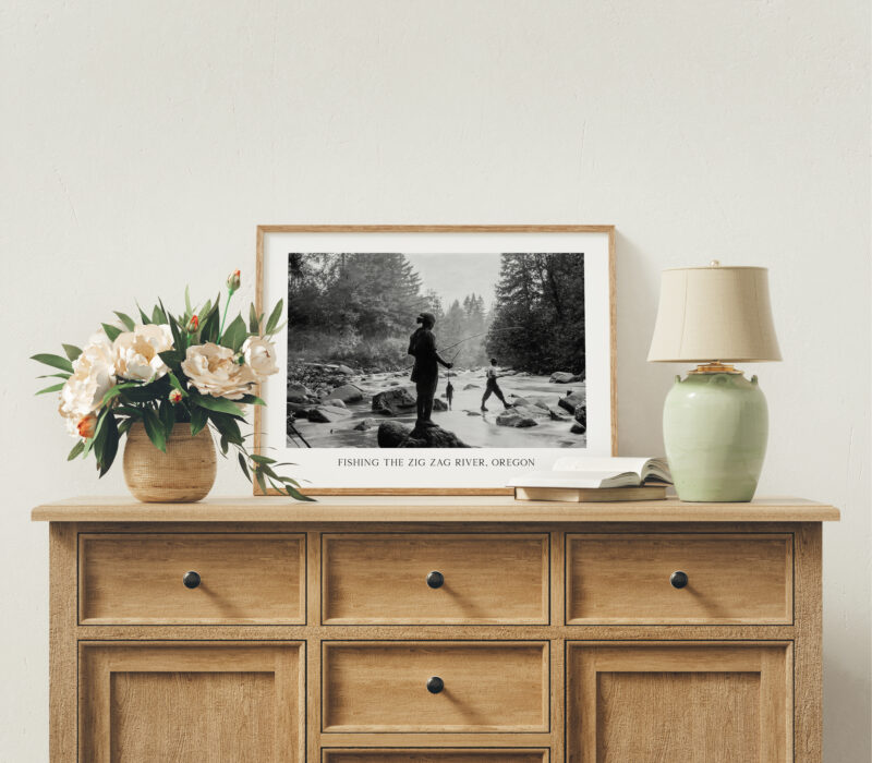 Fishing the Zig Zag River, Oregon Vintage Photo • USFS • Typography Art Print