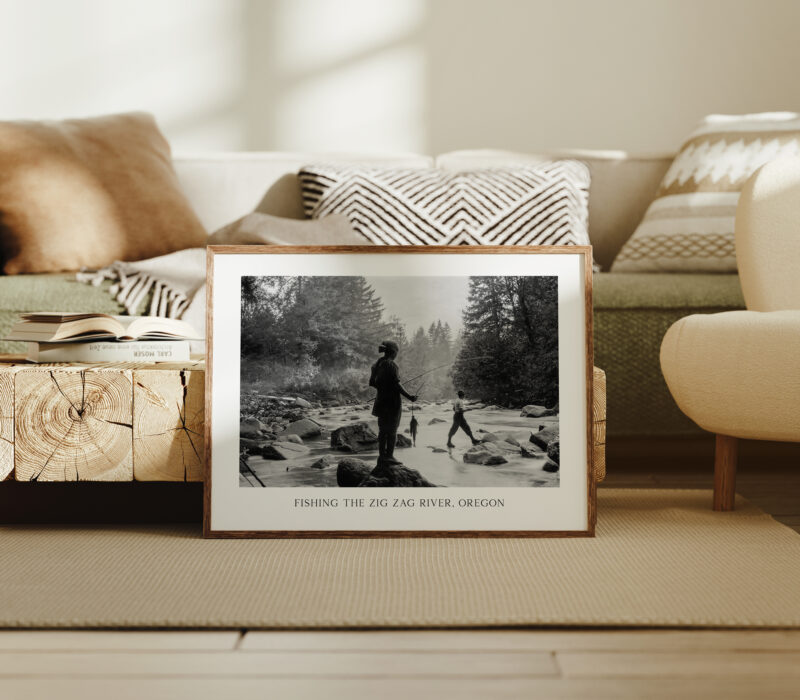 Fishing the Zig Zag River, Oregon Vintage Photo • USFS • Typography Art Print