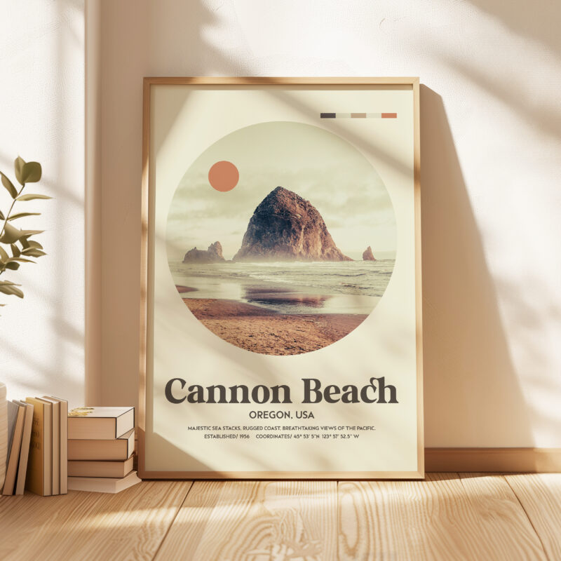 Cannon Beach, Oregon • Mid-Century Modern • Featuring GPS Coordinates • Typography Art Print