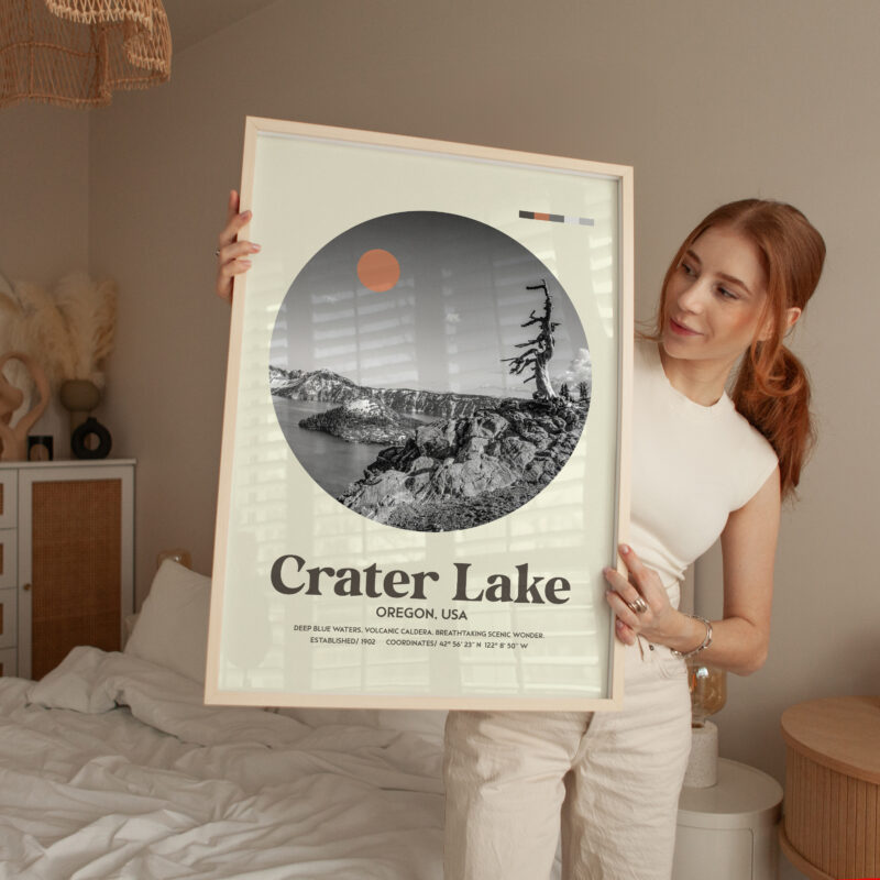 Crater Lake, Oregon • Mid-Century Modern • Featuring GPS Coordinates • Typography Art Print