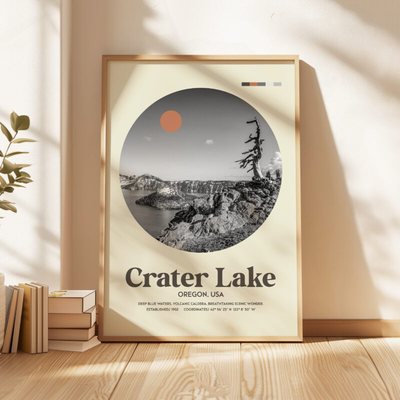 Crater Lake, Oregon • Mid-Century Modern • Featuring GPS Coordinates • Typography Art Print