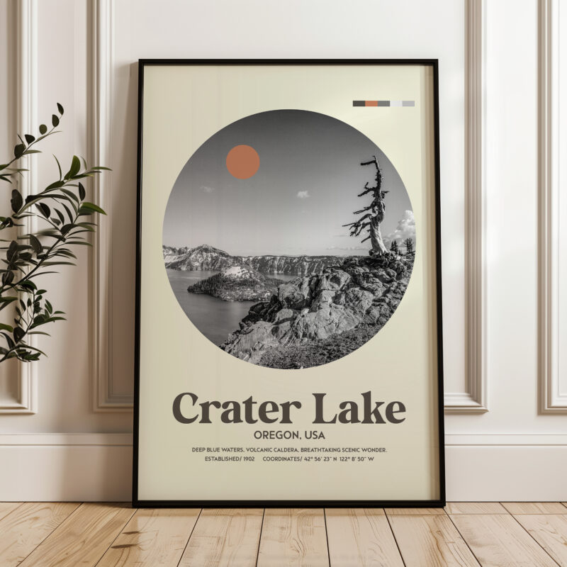 Crater Lake, Oregon • Mid-Century Modern • Featuring GPS Coordinates • Typography Art Print