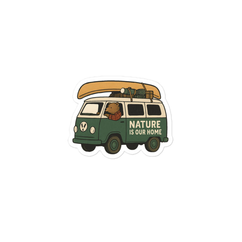 Bear Driving a Vintage "Nature Is Our Home" Van Vinyl Sticker