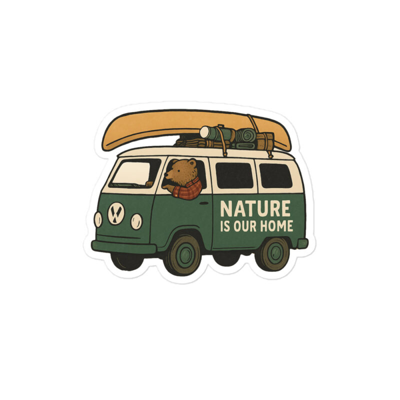 Bear Driving a Vintage "Nature Is Our Home" Van Vinyl Sticker