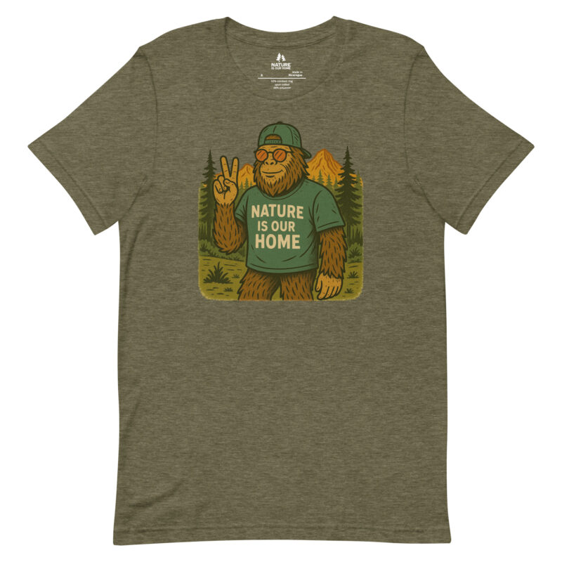 Cool Bigfoot with Peace Symbol • Nature Is Our Home • Unisex Tee