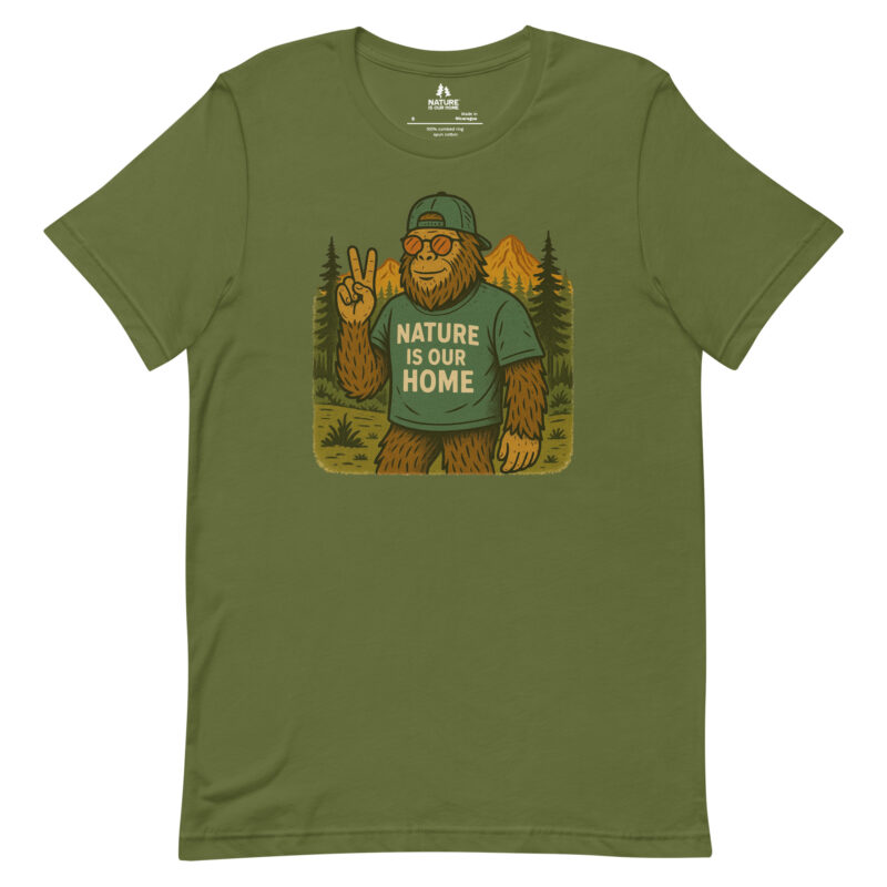 Cool Bigfoot with Peace Symbol • Nature Is Our Home • Unisex Tee