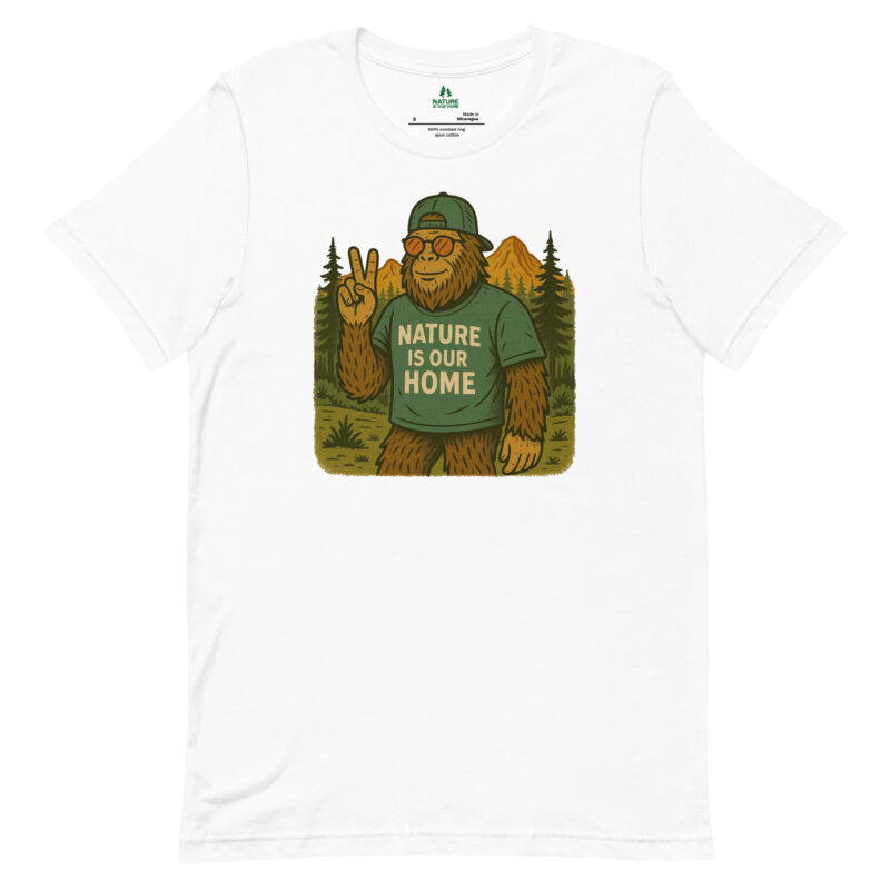 Cool Bigfoot with Peace Symbol • Nature Is Our Home • Unisex Tee