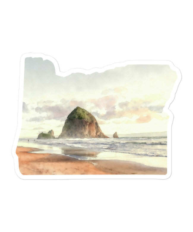 Oregon Shaped Cannon Beach Sticker – Watercolor Haystack Rock Vinyl Decal