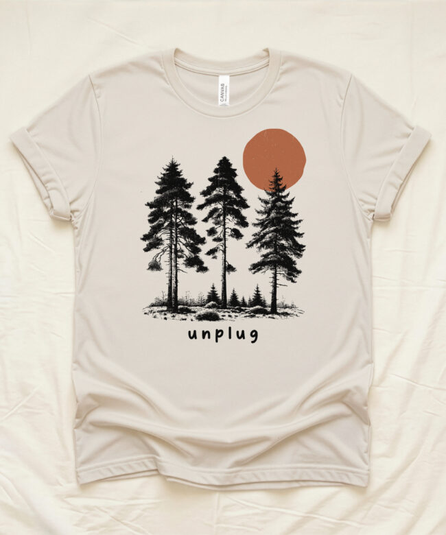 Unplug Tee with Pine Trees and Sun Unisex T-Shirt, Nature Inspired Graphic Tee, Hiking Gift