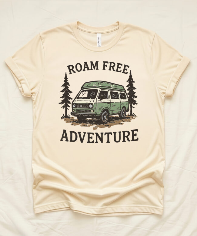 Roam Free Graphic Unisex Tee, Vintage Camper Van Shirt, Road Trip T-Shirt